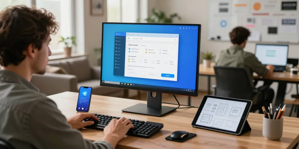 Telegram Download showcased in a modern tech workspace with app interface displayed on monitor.